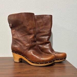 UGG Women's Tan Leather Mules with Wooden Heel